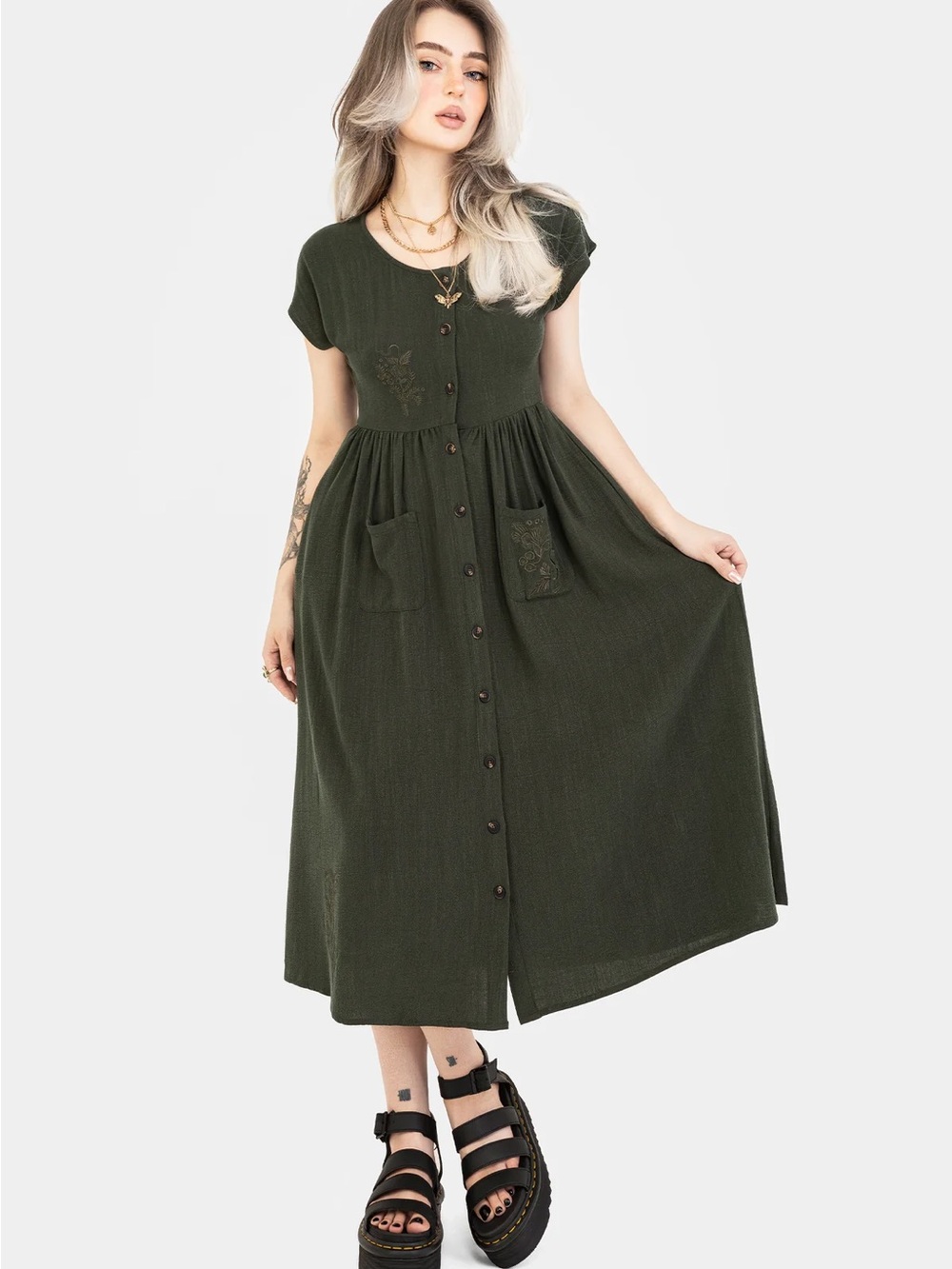 Disturbia Olive Green Button-Front Midi Dress - Picture 1 of 9